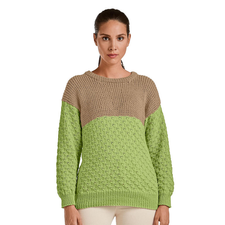 Hellgrüner Pullover mit beigem oberen Teil und strukturierter Oberfläche.