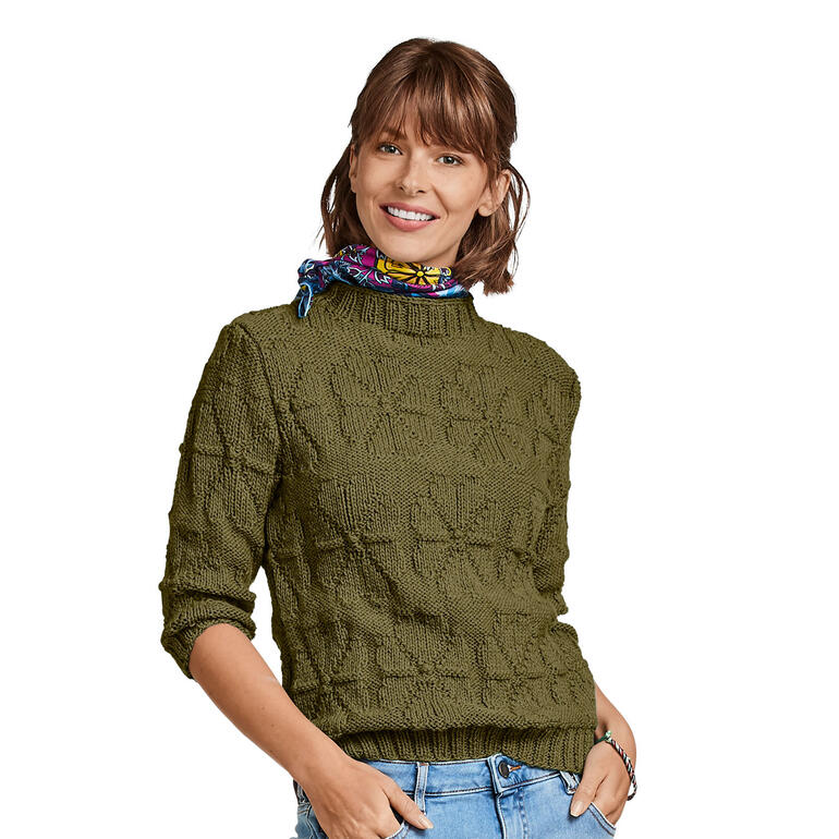 Pullover aus Merino-Cablé in Olivgrün mit strukturiertem Design.