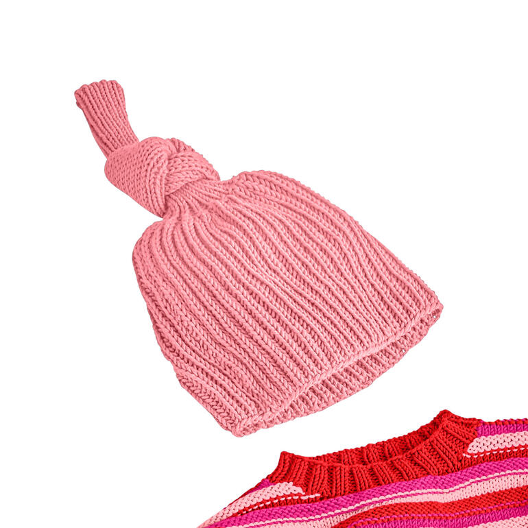 Kinder-Mütze aus Merino-Cotton in sanftem Rosa mit Knoten.