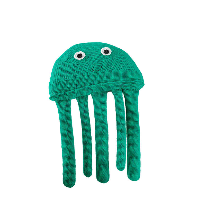Gehäkelte grüne Qualle mit fröhlichem Gesicht.