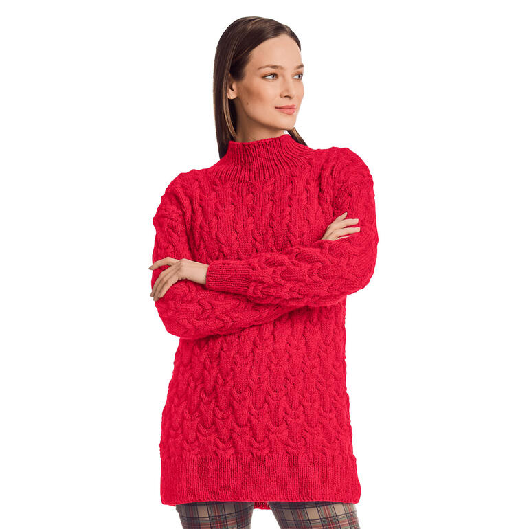 Roter Pullover aus Enny mit hohem Kragen und strukturiertem Muster.