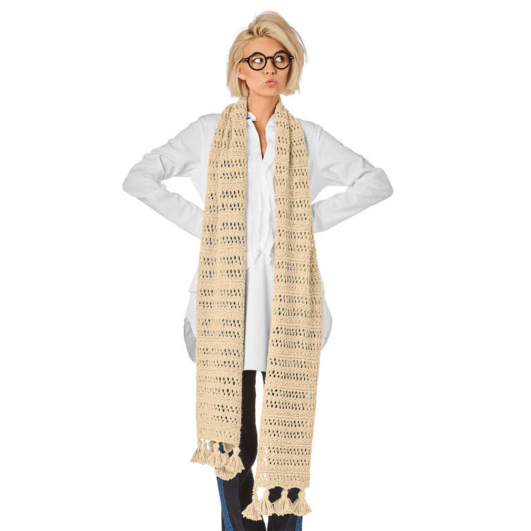 Schal mit Quasten aus Peru in hellem Beige, lange und kurze Styles.
