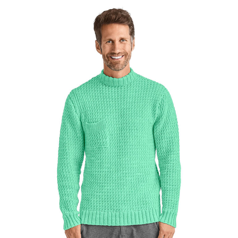 Mann in mintgrüner Pullover mit Stehkragen und Brusttasche.