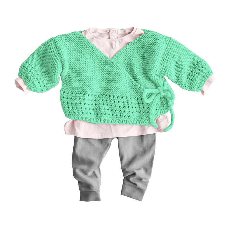 Mintfarbene Baby-Wickeljacke aus Nuovo Merino 120, mit Bindeband.