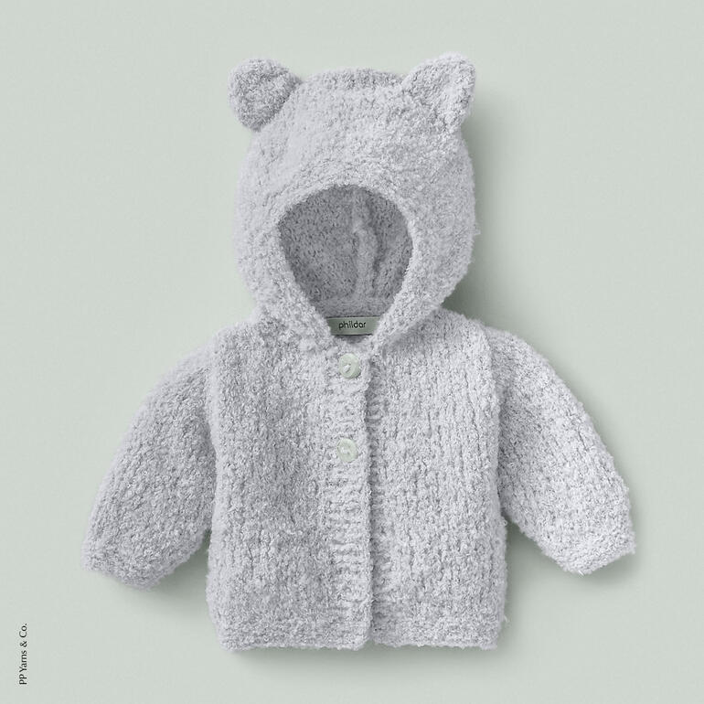 Graue Baby-Kapuzenjacke aus Phil Chouchou mit Ohren.