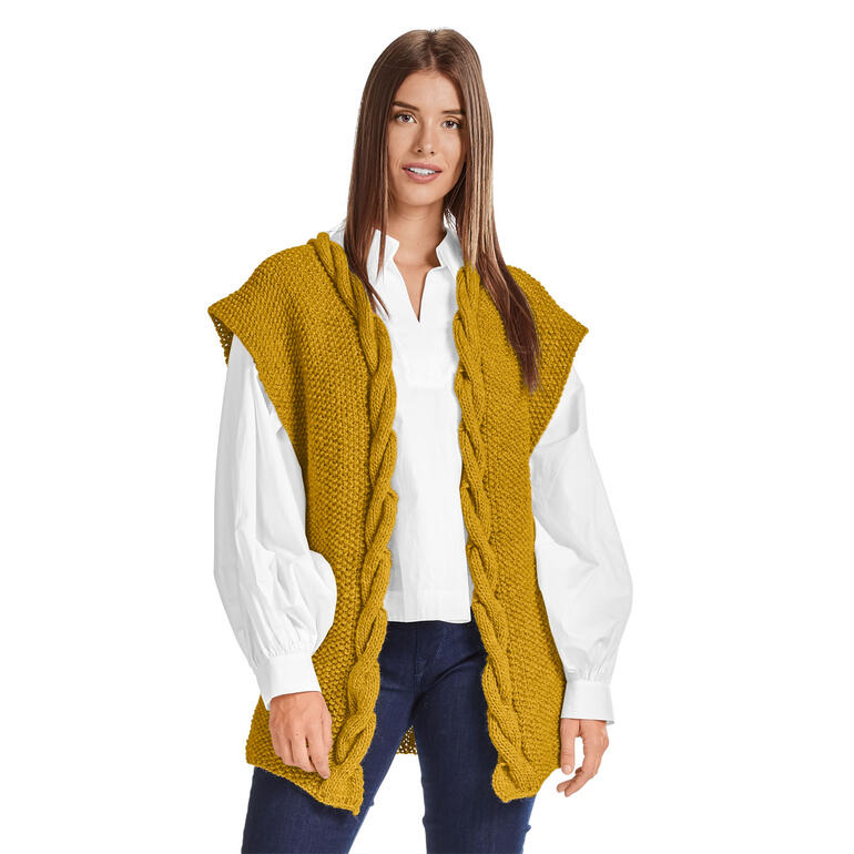 Gelbe Weste aus Monello-90 Uni, getragen von einer Frau in Hemd.