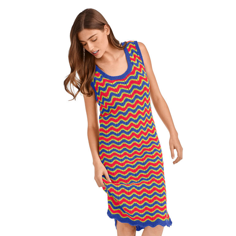 Buntes ärmelloses Kleid aus Ribolli mit Wellenmuster.