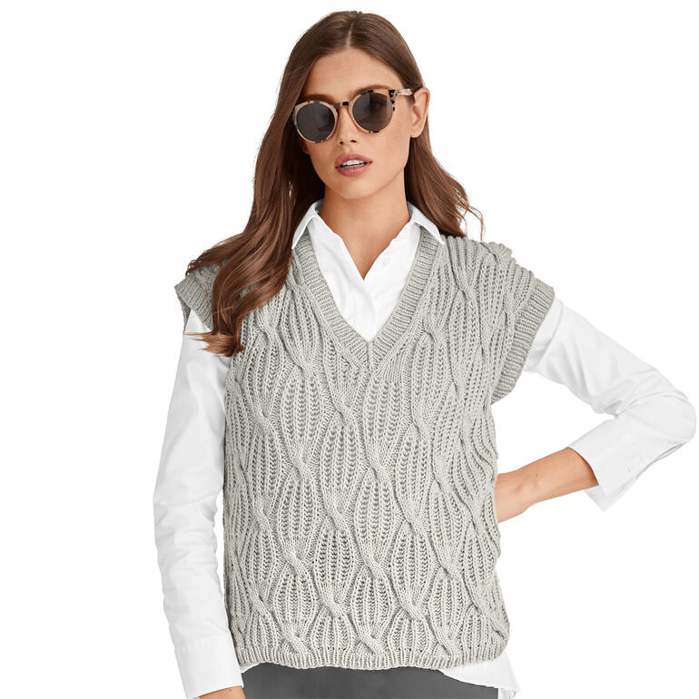 Grau strukturierter Pullunder mit V-Ausschnitt und lässigem Aussehen.