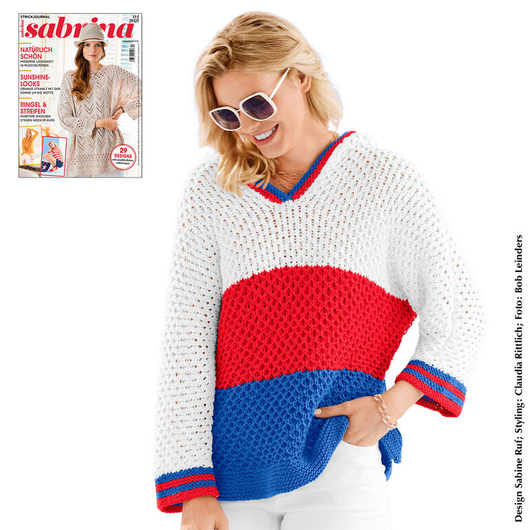 Kapuzenpullover aus Cotonara mit kreativen Farbkombinationen, getragen von einer Frau.