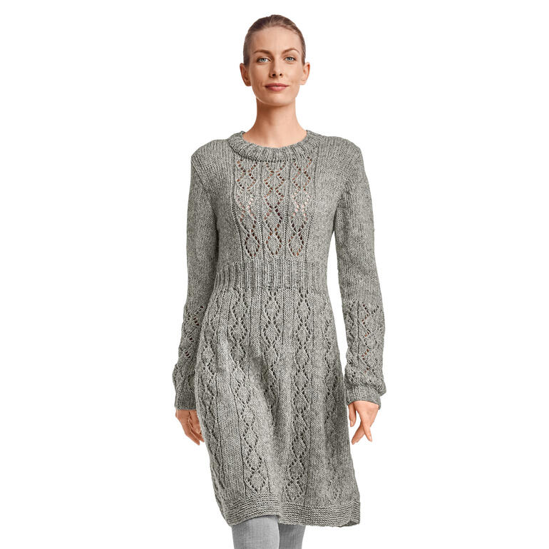 Graues Kleid aus Wool-Cotton mit feinem Lochmuster und langen Ärmeln.