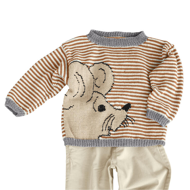 Vorderansicht eines gestreiften Kinderpullovers mit Mausgesicht aus Nuovo Merino.