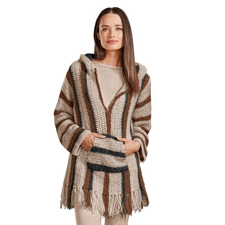 Gehäkelter Hoodie aus Palazzo in Erdtönen mit Kapuze.