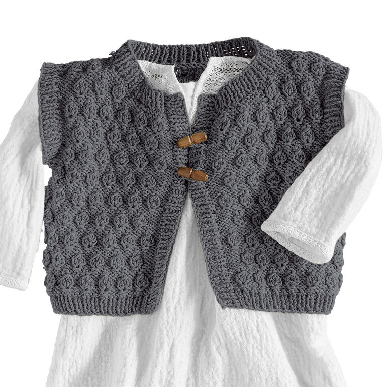 Dunkelgraue Babyweste mit Knöpfen, präsentiert auf einem weißen Hintergrund.