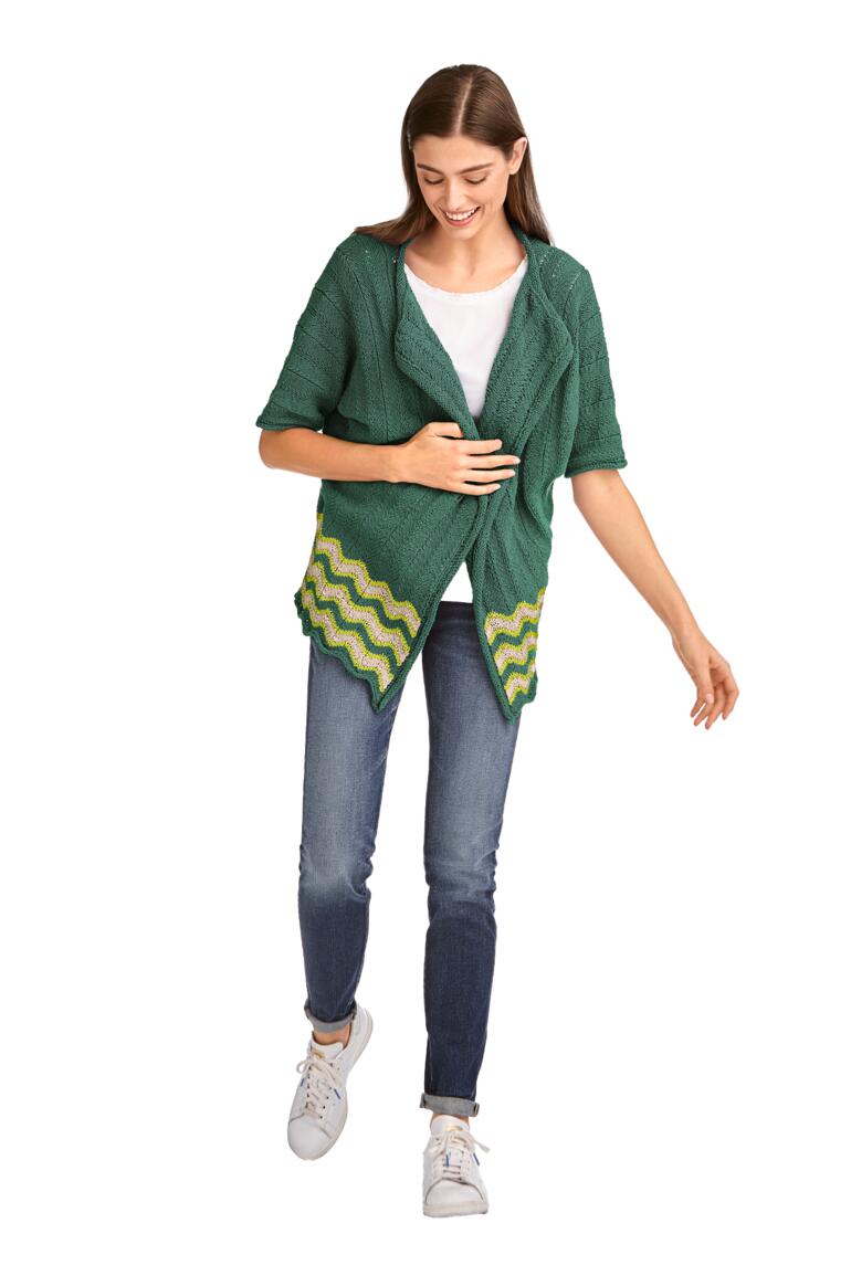 Grüne Jacke aus Ribolli mit asymmetrischem Schnitt und Wellenmuster.