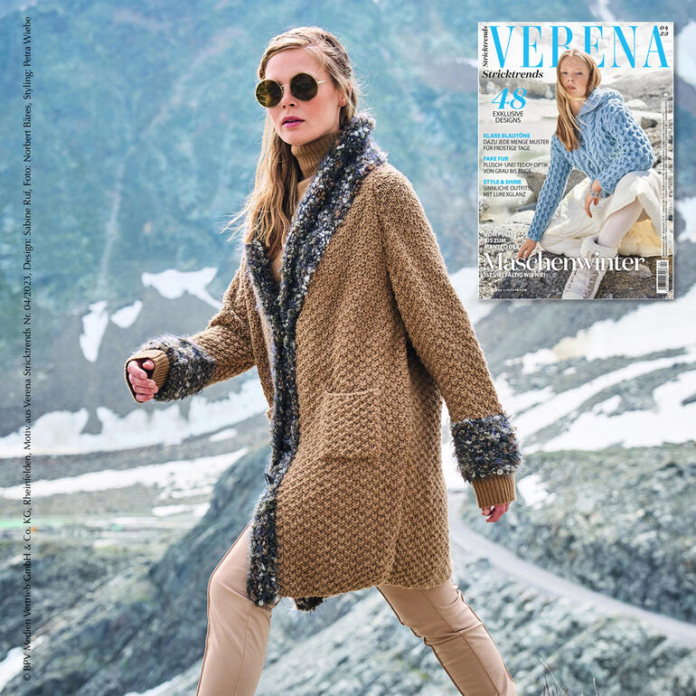 Kurzmantel aus Monello-90 Uni in Beige, getragen von einer Frau in den Bergen.