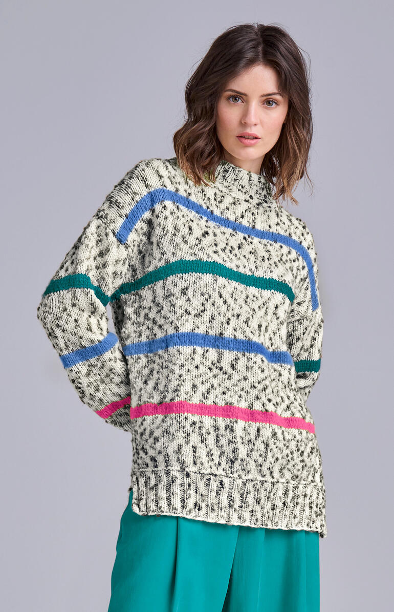 Pullover aus Animals und NewWool mit bunten Streifen im Retro-Stil.