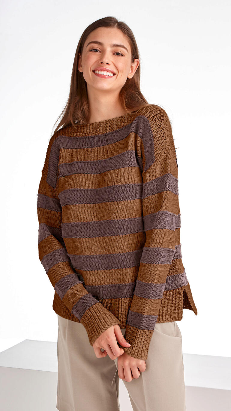 Damenpullover mit braunen und grauen Streifen aus Cottonprima