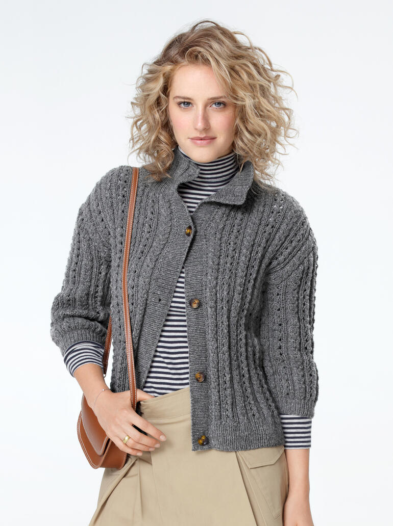 Graue Jacke aus Wool-Cashmere, mit strukturiertem Muster und Knöpfen.