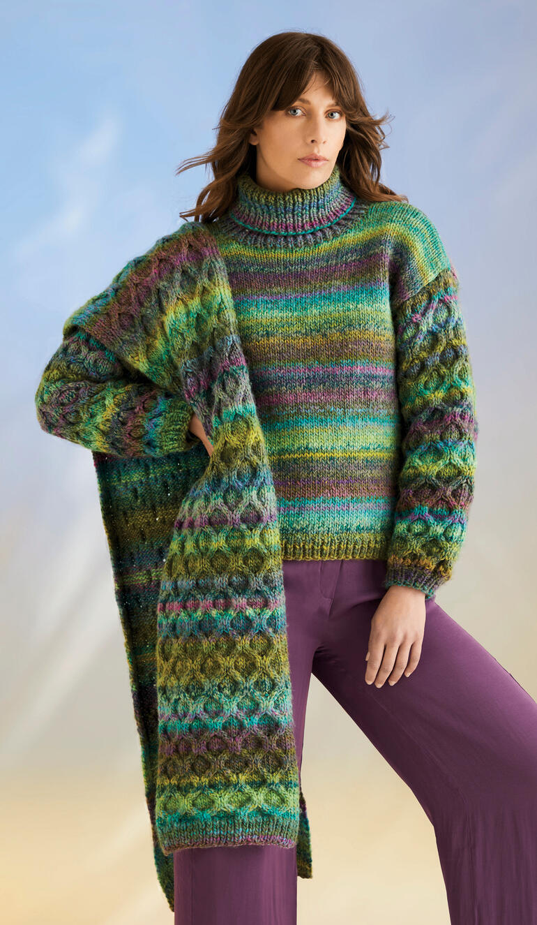 Bunter Pullover mit Schal aus Pirouette XL, lässig geschnitten mit hohem Kragen.