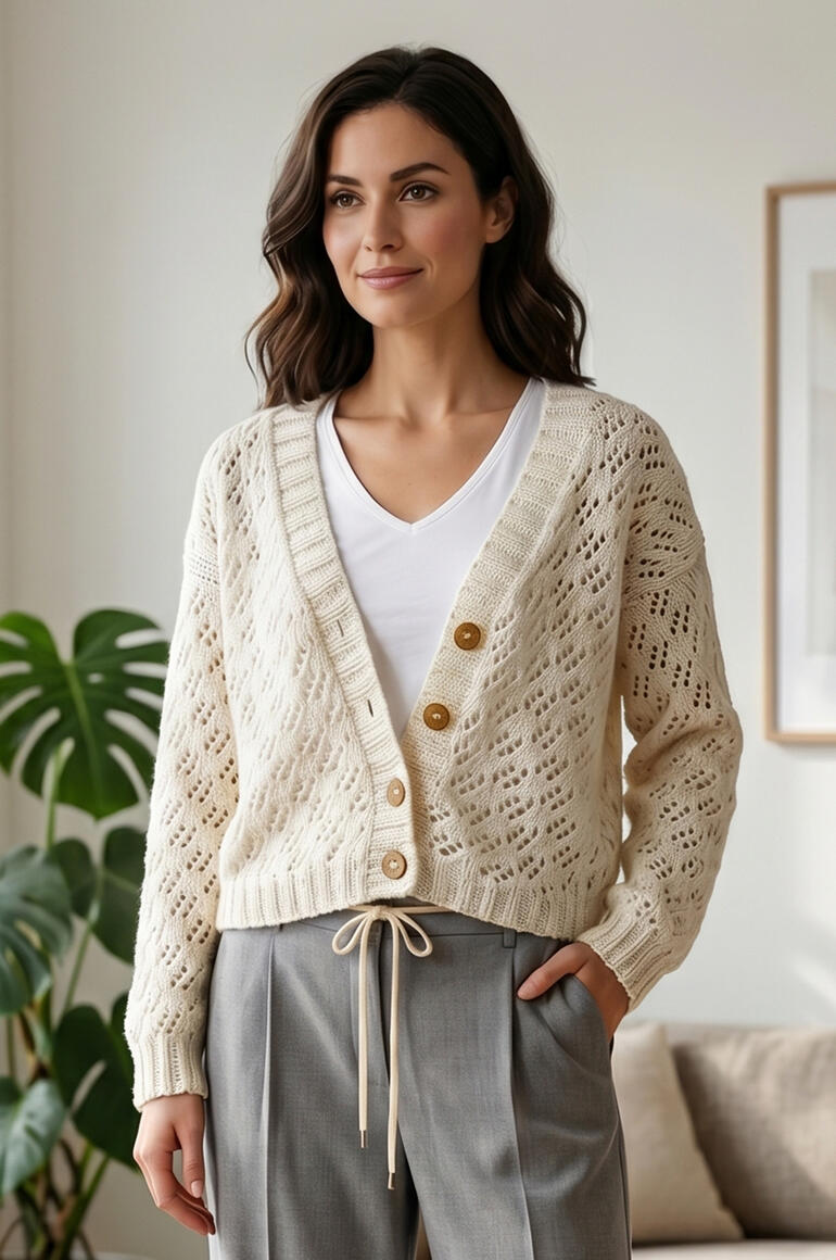 Beige Strickjacke mit Knöpfen und luftigen Mustern, charmant und modern.