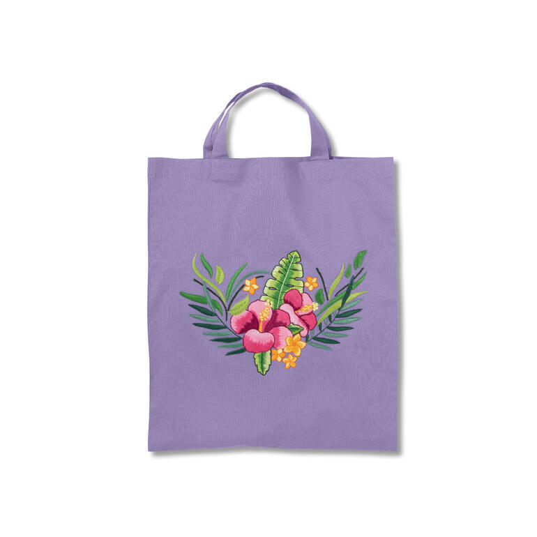 Baumwolltasche mit tropischem Blumendesign auf lila Hintergrund.