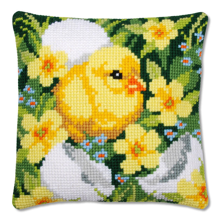 Kreuzstichkissen mit einem süßen Küken und Frühlingsblumen.