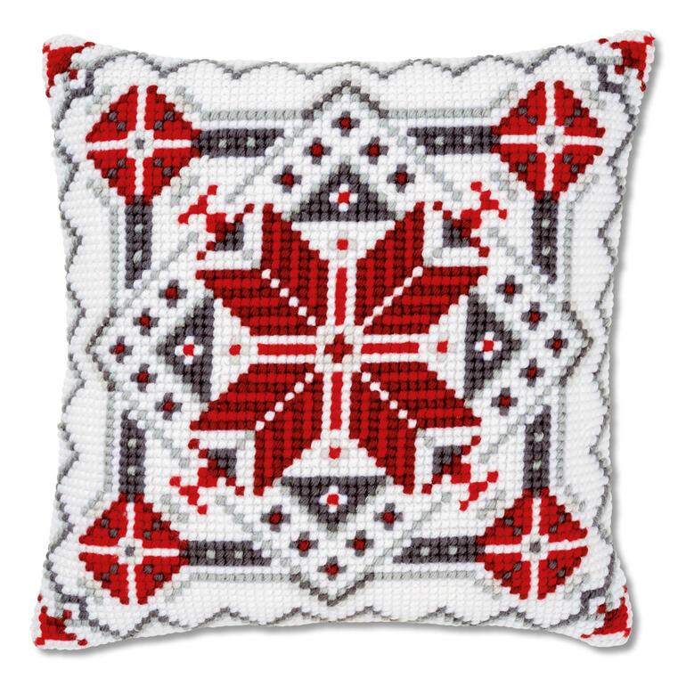 Kreuzstichkissen mit rotem Eiskristall auf weißem Hintergrund