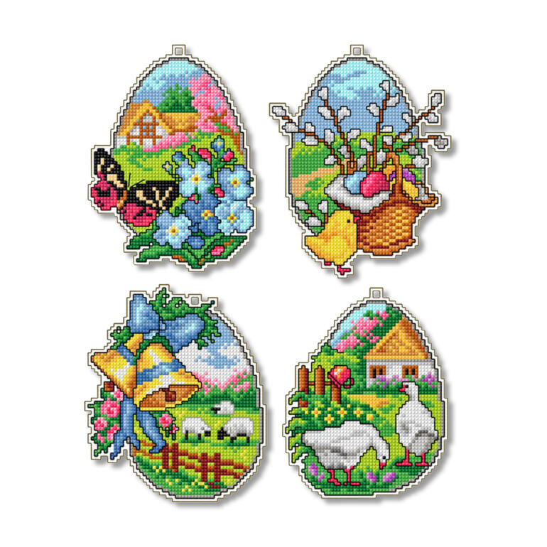 Set von vier Deko-Anhängern mit österlichen Motiven.