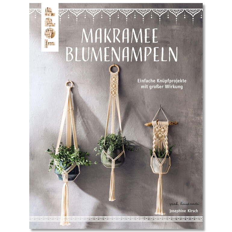 Buchcover mit Makramee Blumenampeln und Pflanzen auf grauem Hintergrund.