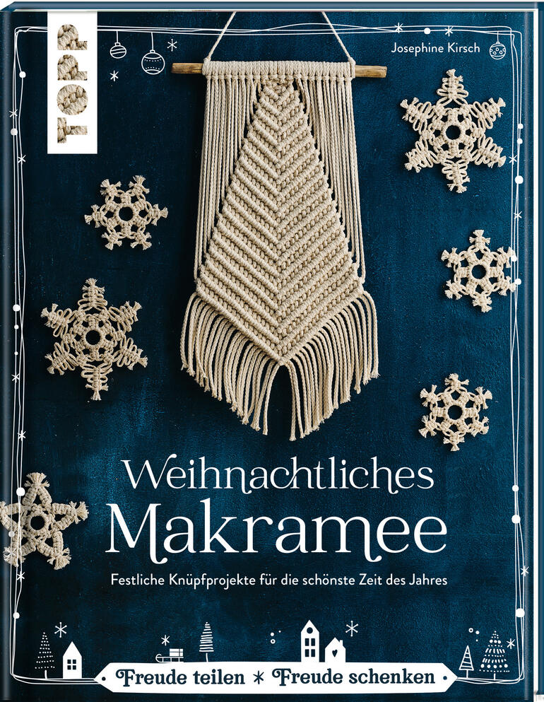 Buchcover mit Weihnachtlichem Makramee und Weihnachtsdekoration.