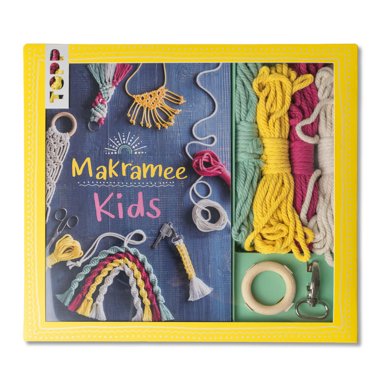 Buchcover für Kreativ-Set - Makramee Kids mit bunten Fäden.
