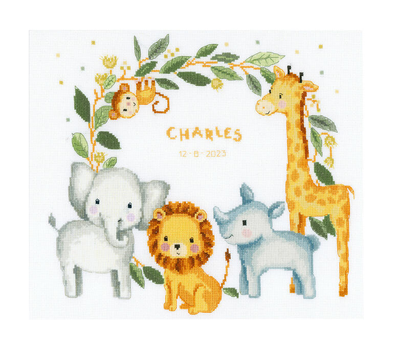 Stickbild mit Dschungeltieren, Elefant, Löwe, Giraffe und Blätter.