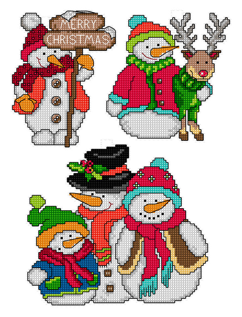 Set von drei Deko-Anhängern mit Schneemännern und Weihnachtsbotschaft.