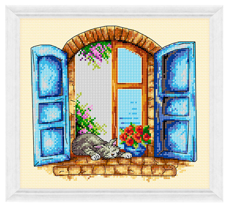 Stickbild einer schlafenden Katze an einem Fenster mit blauen Fensterläden.