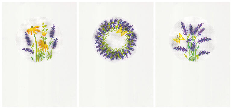 Set von 3 Grußkarten mit Lavendelmotiven, Blumen und Kranz.