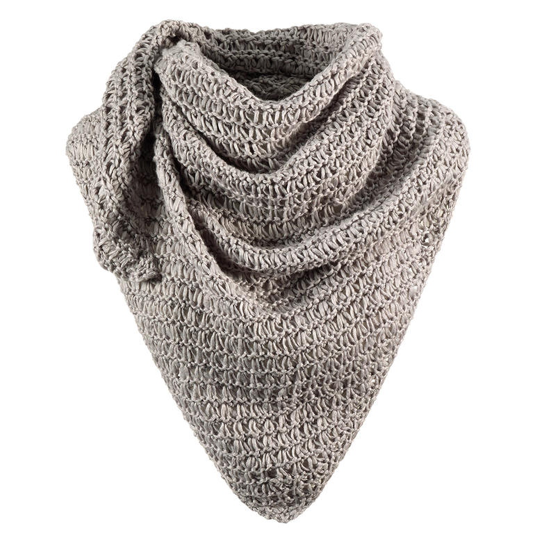 Kreatives, gehäkeltes Dreiecktuch aus Happiness-Garn in einer neutralen Farbe.